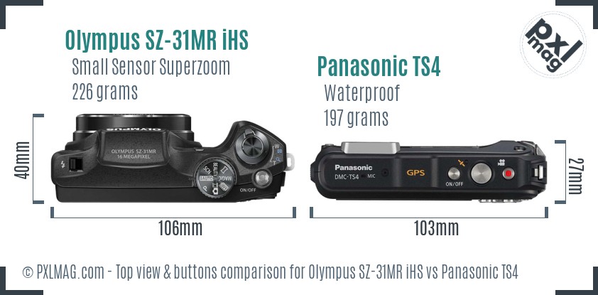 Olympus SZ-31MR iHS vs Panasonic TS4 top view buttons comparison