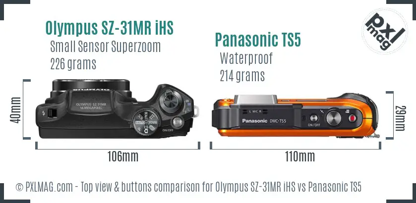 Olympus SZ-31MR iHS vs Panasonic TS5 top view buttons comparison