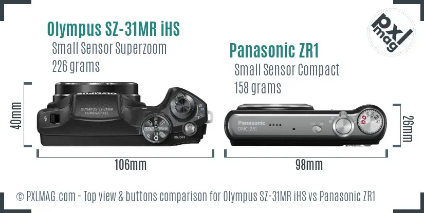 Olympus SZ-31MR iHS vs Panasonic ZR1 top view buttons comparison