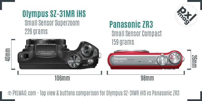Olympus SZ-31MR iHS vs Panasonic ZR3 top view buttons comparison