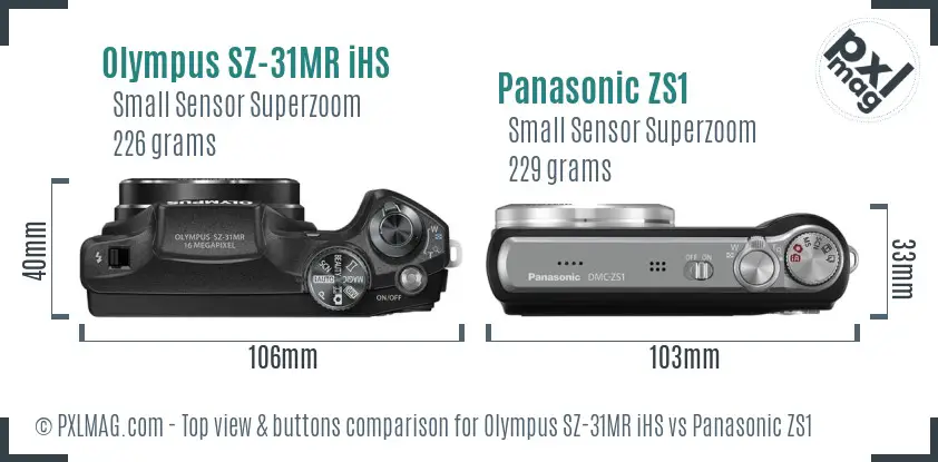 Olympus SZ-31MR iHS vs Panasonic ZS1 top view buttons comparison