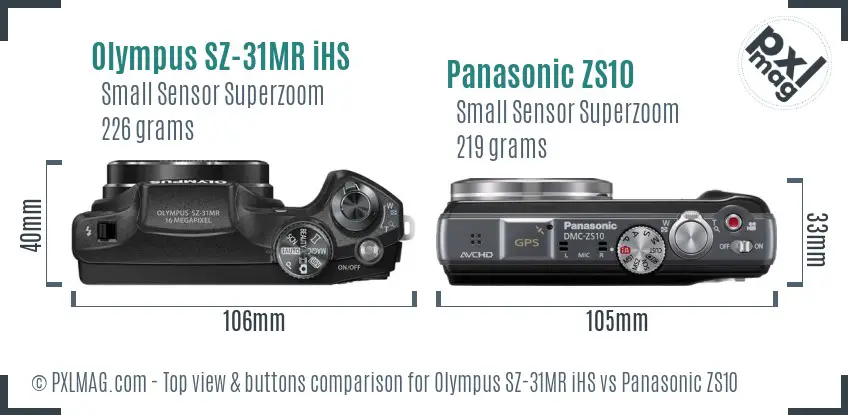 Olympus SZ-31MR iHS vs Panasonic ZS10 top view buttons comparison