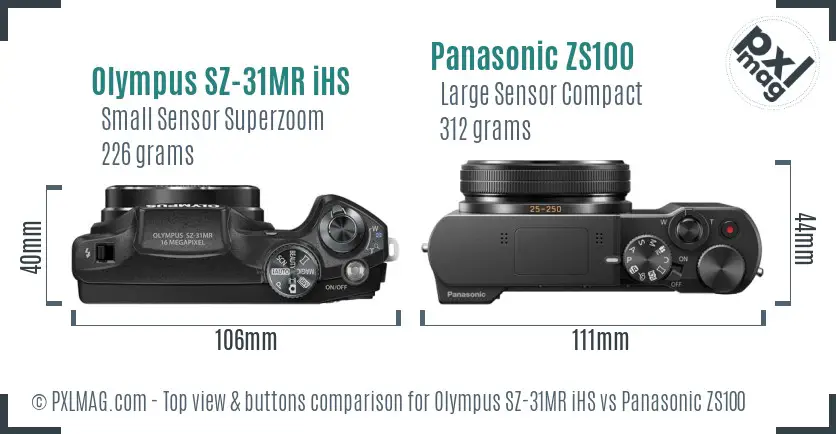 Olympus SZ-31MR iHS vs Panasonic ZS100 top view buttons comparison