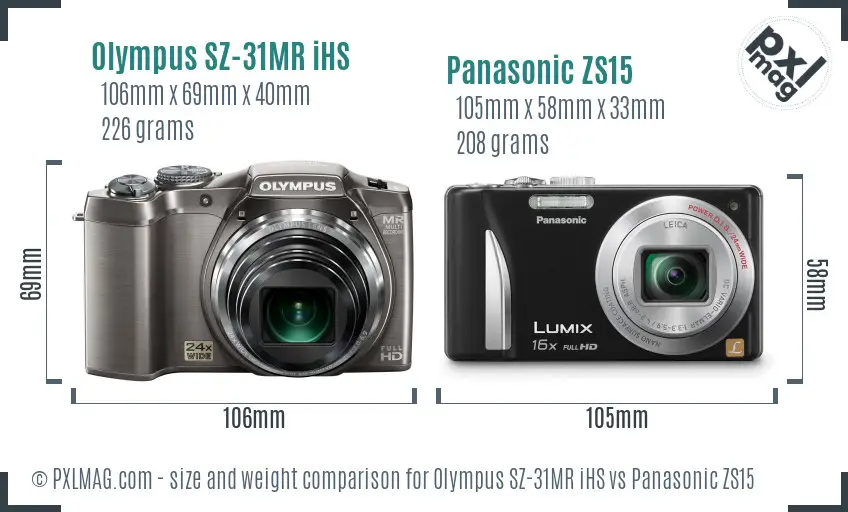 Olympus SZ-31MR iHS vs Panasonic ZS15 size comparison