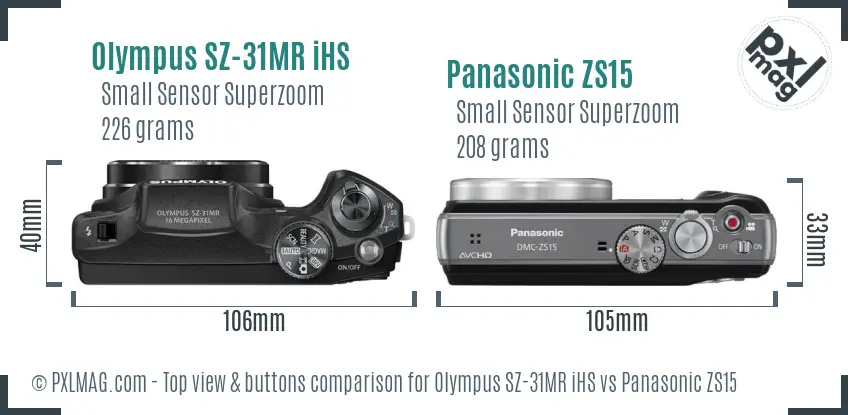 Olympus SZ-31MR iHS vs Panasonic ZS15 top view buttons comparison