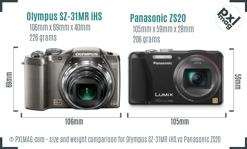 Olympus SZ-31MR iHS vs Panasonic ZS20 size comparison