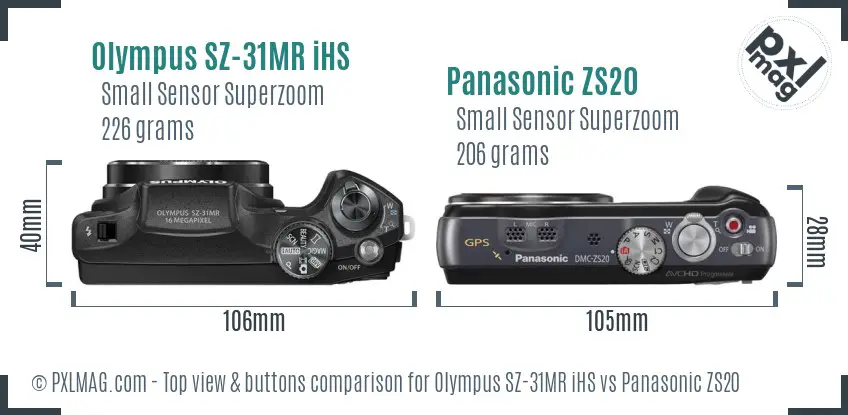 Olympus SZ-31MR iHS vs Panasonic ZS20 top view buttons comparison