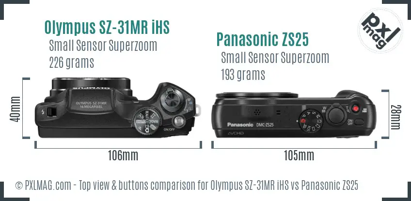 Olympus SZ-31MR iHS vs Panasonic ZS25 top view buttons comparison