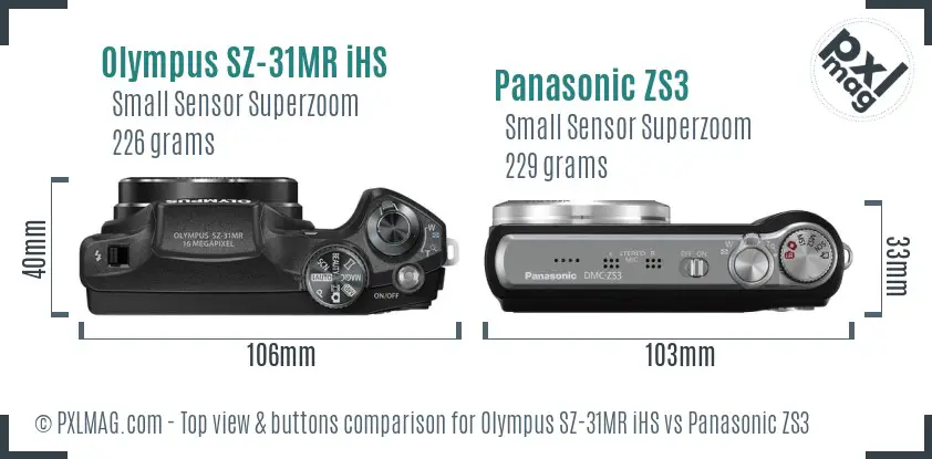 Olympus SZ-31MR iHS vs Panasonic ZS3 top view buttons comparison