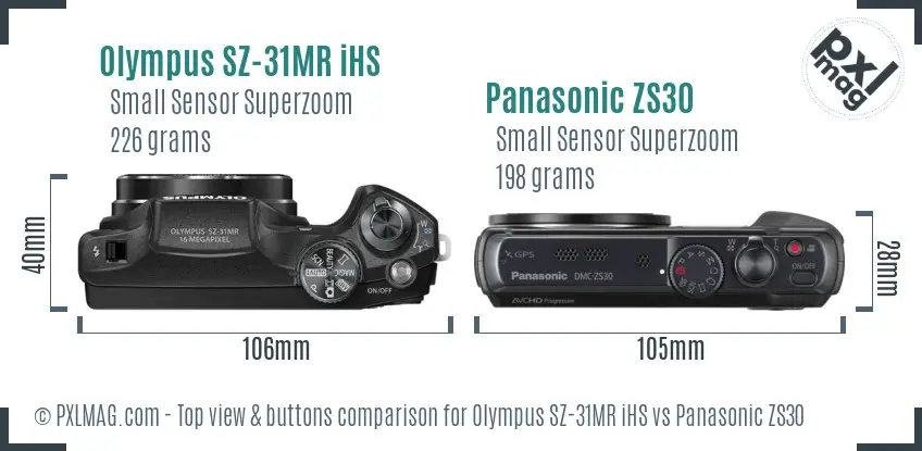 Olympus SZ-31MR iHS vs Panasonic ZS30 top view buttons comparison Olympus SZ-31MR iHS vs Panasonic ZS30 top view buttons comparison