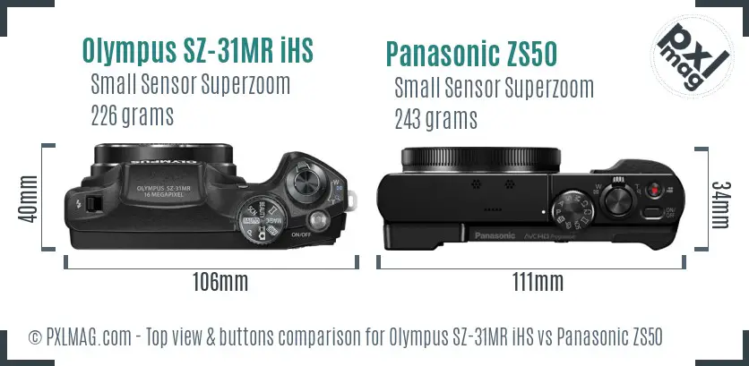 Olympus SZ-31MR iHS vs Panasonic ZS50 top view buttons comparison