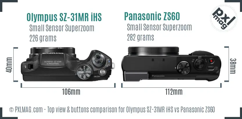 Olympus SZ-31MR iHS vs Panasonic ZS60 top view buttons comparison