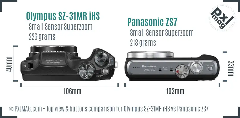 Olympus SZ-31MR iHS vs Panasonic ZS7 top view buttons comparison