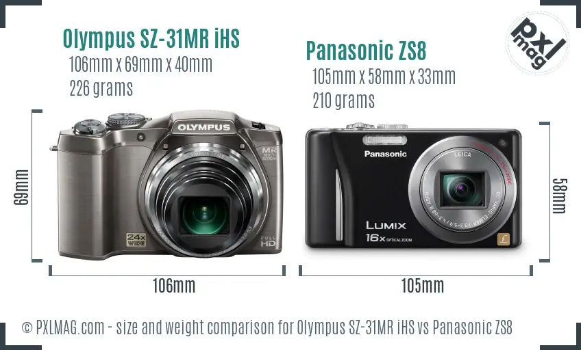 Olympus SZ-31MR iHS vs Panasonic ZS8 size comparison
