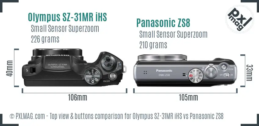 Olympus SZ-31MR iHS vs Panasonic ZS8 top view buttons comparison
