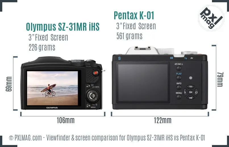 Olympus SZ-31MR iHS vs Pentax K-01 Screen and Viewfinder comparison