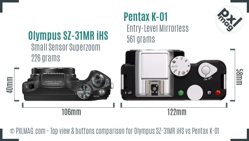 Olympus SZ-31MR iHS vs Pentax K-01 top view buttons comparison