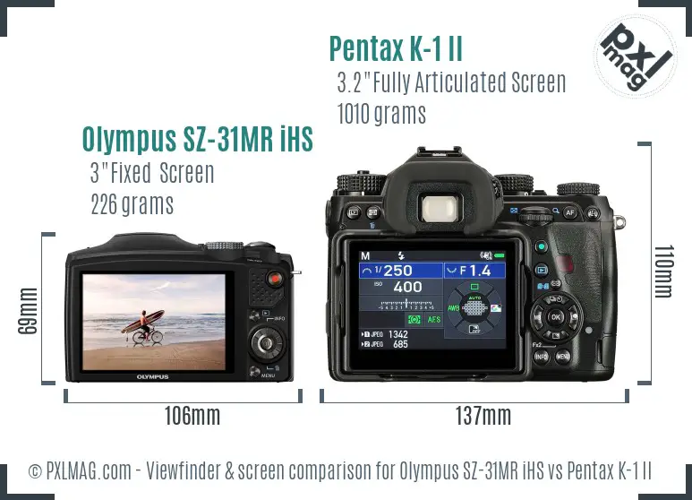 Olympus SZ-31MR iHS vs Pentax K-1 II Screen and Viewfinder comparison