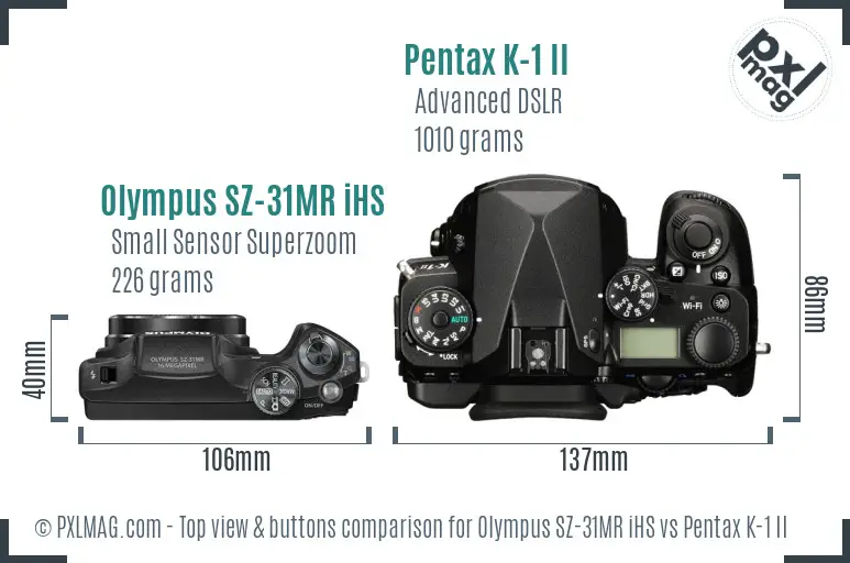 Olympus SZ-31MR iHS vs Pentax K-1 II top view buttons comparison