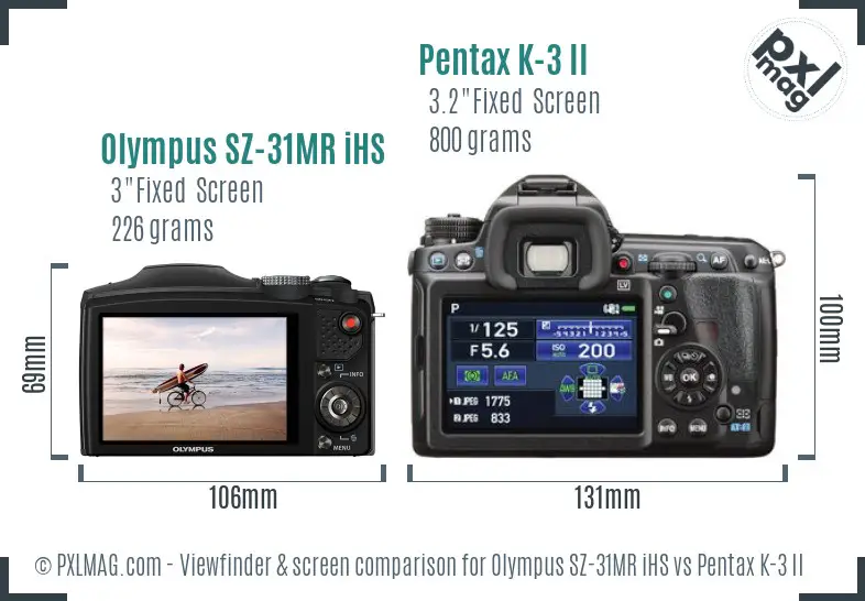 Olympus SZ-31MR iHS vs Pentax K-3 II Screen and Viewfinder comparison