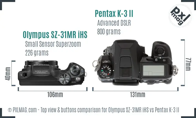 Olympus SZ-31MR iHS vs Pentax K-3 II top view buttons comparison