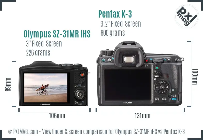 Olympus SZ-31MR iHS vs Pentax K-3 Screen and Viewfinder comparison