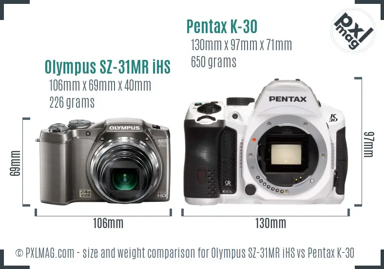 Olympus SZ-31MR iHS vs Pentax K-30 size comparison