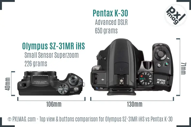 Olympus SZ-31MR iHS vs Pentax K-30 top view buttons comparison