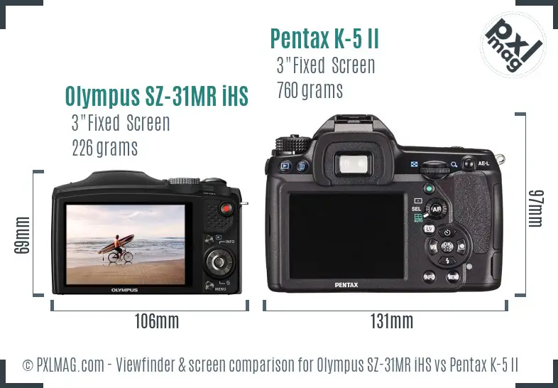 Olympus SZ-31MR iHS vs Pentax K-5 II Screen and Viewfinder comparison