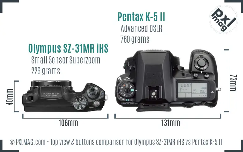 Olympus SZ-31MR iHS vs Pentax K-5 II top view buttons comparison