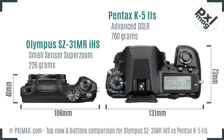 Olympus SZ-31MR iHS vs Pentax K-5 IIs top view buttons comparison