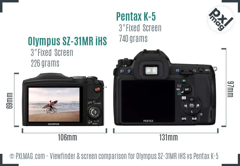 Olympus SZ-31MR iHS vs Pentax K-5 Screen and Viewfinder comparison