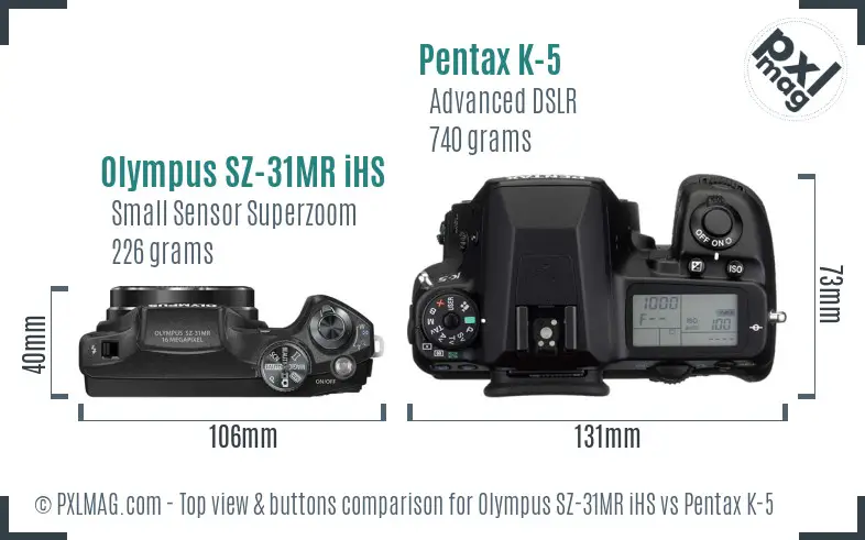 Olympus SZ-31MR iHS vs Pentax K-5 top view buttons comparison