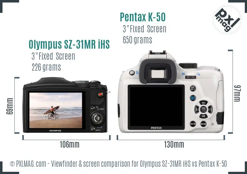 Olympus SZ-31MR iHS vs Pentax K-50 Screen and Viewfinder comparison