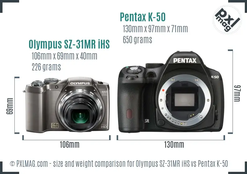 Olympus SZ-31MR iHS vs Pentax K-50 size comparison