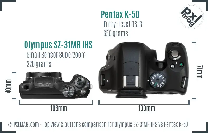 Olympus SZ-31MR iHS vs Pentax K-50 top view buttons comparison
