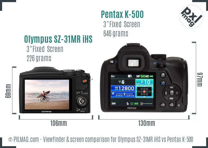 Olympus SZ-31MR iHS vs Pentax K-500 Screen and Viewfinder comparison