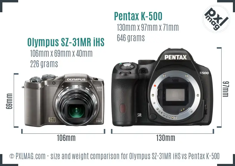 Olympus SZ-31MR iHS vs Pentax K-500 size comparison