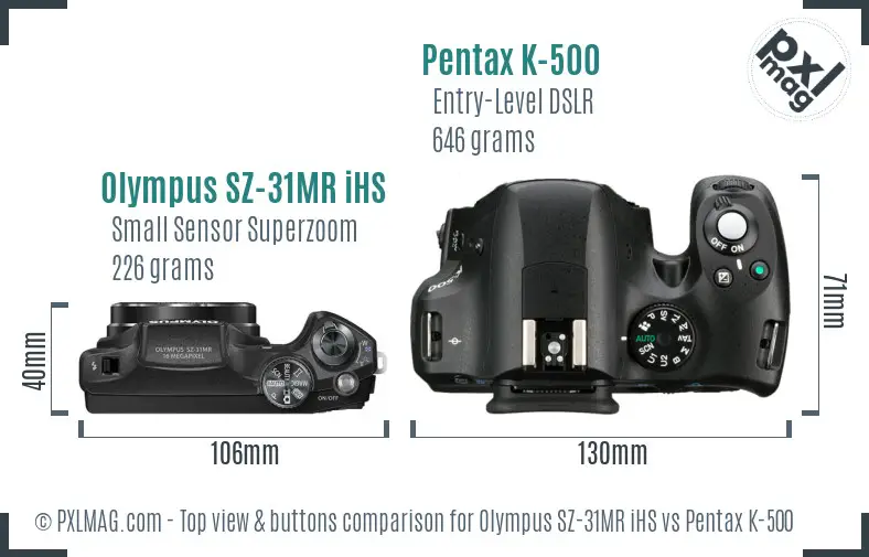 Olympus SZ-31MR iHS vs Pentax K-500 top view buttons comparison