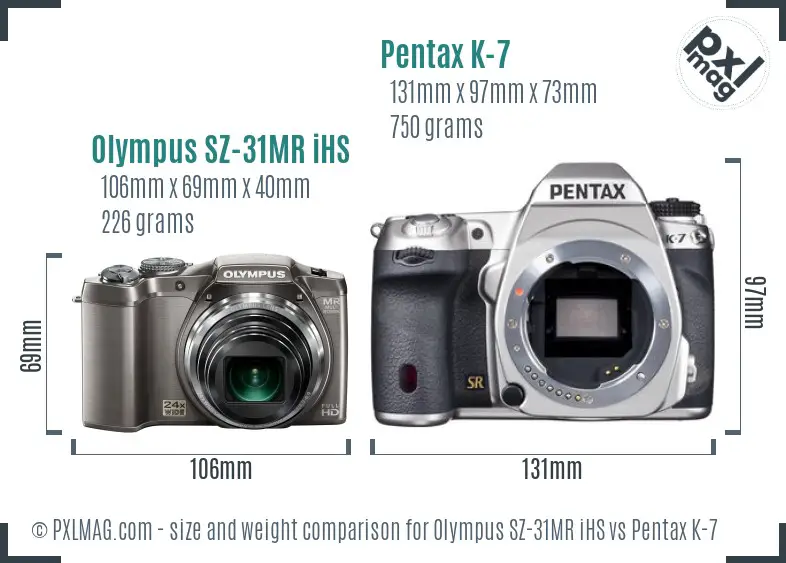 Olympus SZ-31MR iHS vs Pentax K-7 size comparison