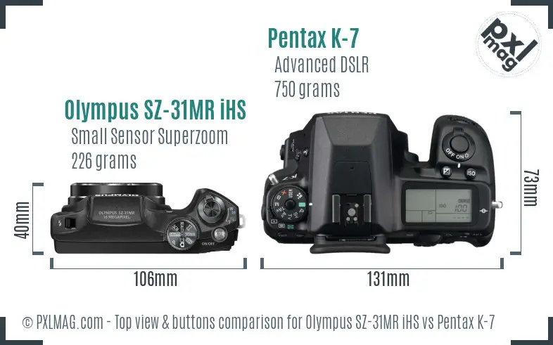 Olympus SZ-31MR iHS vs Pentax K-7 top view buttons comparison