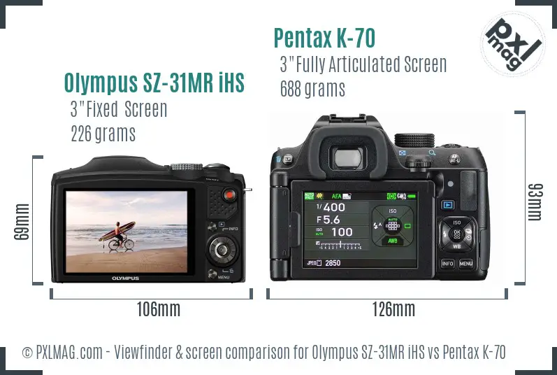 Olympus SZ-31MR iHS vs Pentax K-70 Screen and Viewfinder comparison