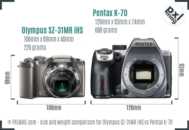 Olympus SZ-31MR iHS vs Pentax K-70 size comparison