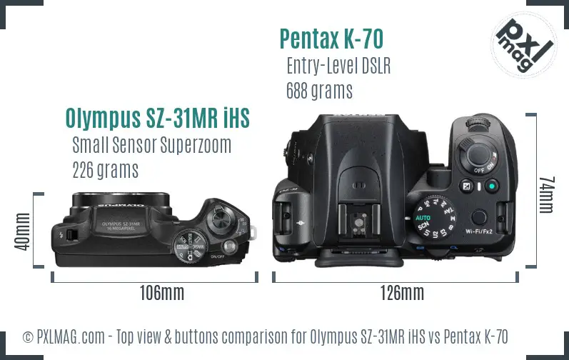 Olympus SZ-31MR iHS vs Pentax K-70 top view buttons comparison