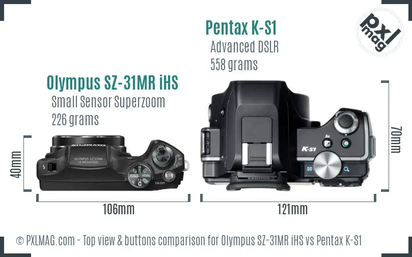 Olympus SZ-31MR iHS vs Pentax K-S1 top view buttons comparison
