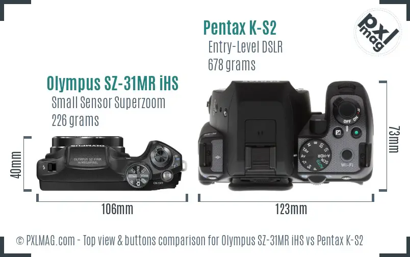 Olympus SZ-31MR iHS vs Pentax K-S2 top view buttons comparison