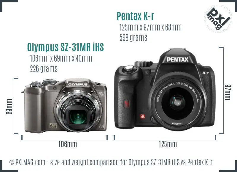 Olympus SZ-31MR iHS vs Pentax K-r size comparison