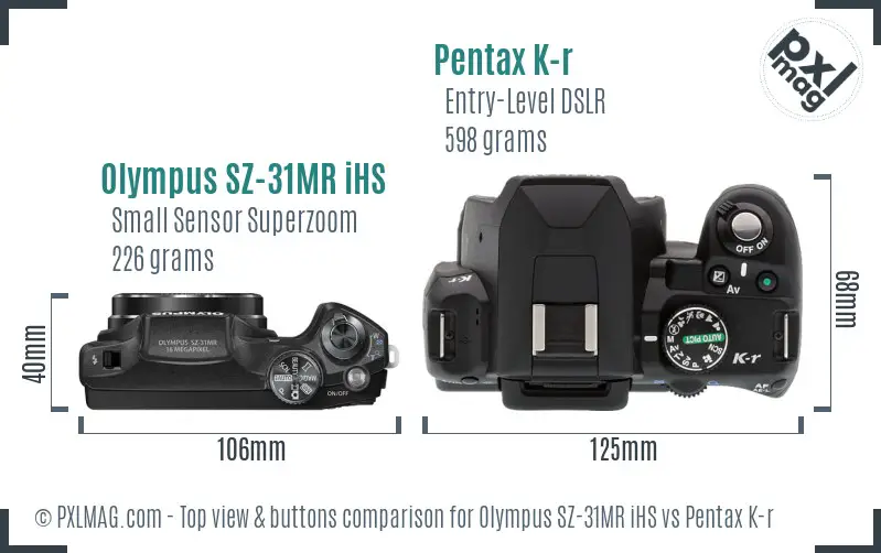 Olympus SZ-31MR iHS vs Pentax K-r top view buttons comparison