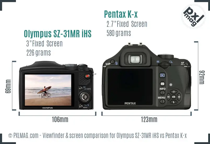 Olympus SZ-31MR iHS vs Pentax K-x Screen and Viewfinder comparison