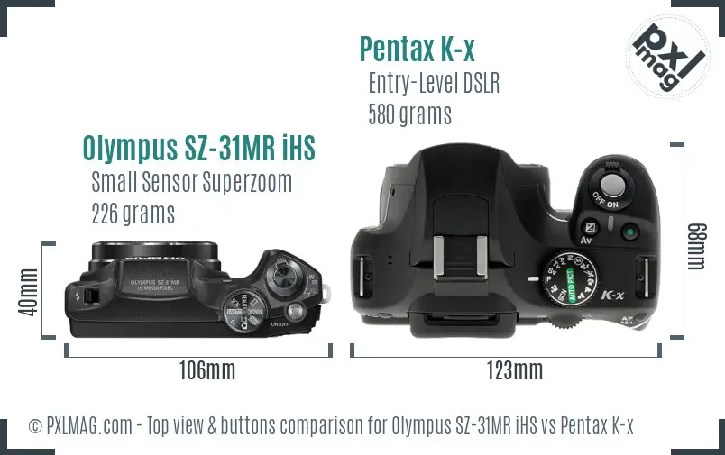 Olympus SZ-31MR iHS vs Pentax K-x top view buttons comparison